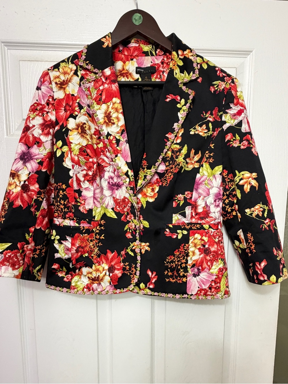 Grace Floral Blazer Jacket - Black with Red, Pink & Cream Flowers